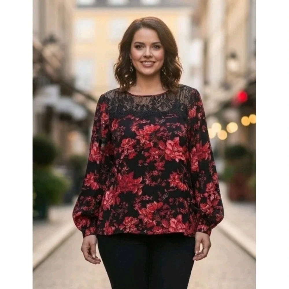 Carmen Marc Valvo Floral Long Sleeve Top Women's XL Black Red Lace Whimsigoth - Picture 1 of 12